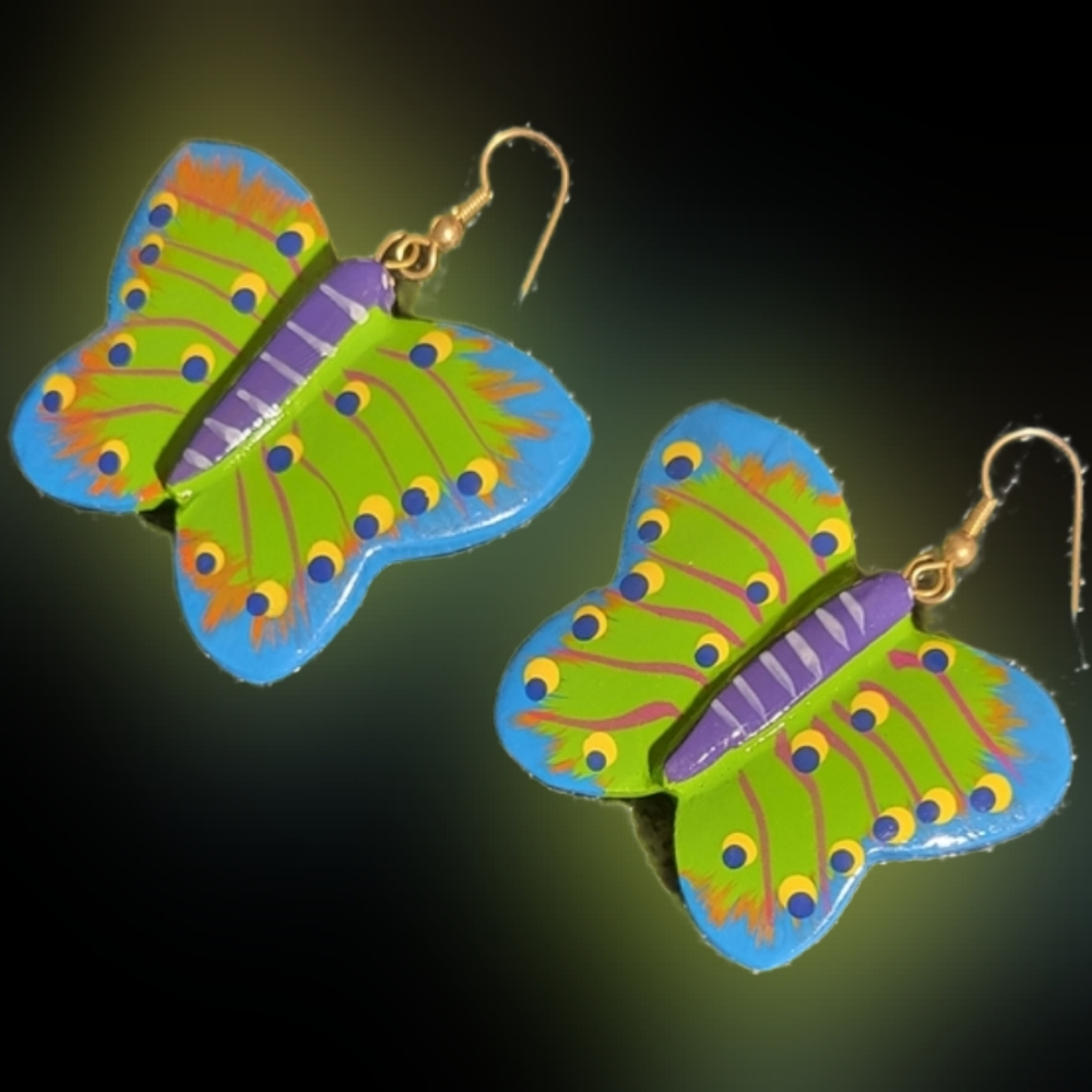 Vtg 80s pop art blue purple green wooden butterfly folk art earrings NWT